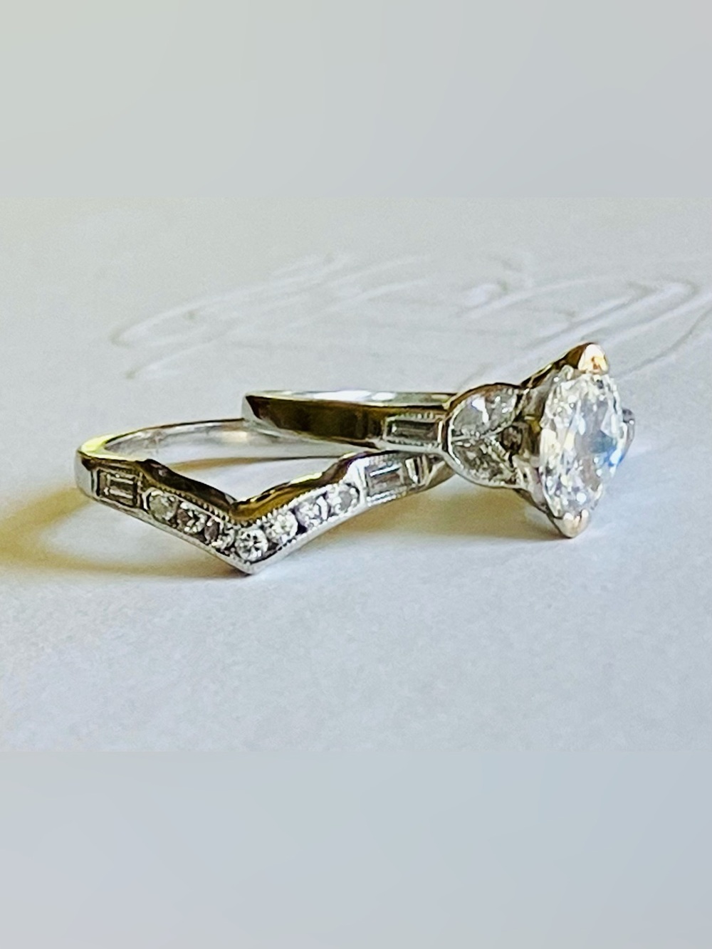 Antique Platinum European Cut Diamond Engagement Ring & Custom Diamond Band - Picture 3 of 6